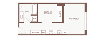 A floor plan of a small apartment with a bedroom, living/dining area, and bathroom.
