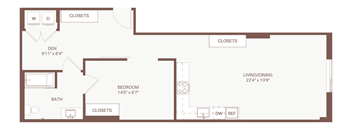 A floor plan of a home with a living room, dining room, bedroom, and bathroom.
