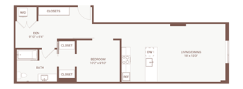 A floor plan of a house with a living/dining area, two bedrooms, a bathroom, and closets.