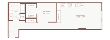 A floor plan of a small apartment with a bedroom, bathroom, and living/dining area.
