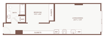 A floor plan of a small apartment with a bedroom, living/dining area, bathroom, and closets.