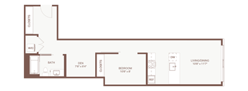 A floor plan of a house with a living room, dining room, bedroom, bathroom, and closets.