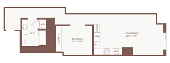 A floor plan of a small apartment with a living/dining area, bedroom, bathroom, and closet.