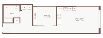 A floor plan of a small apartment with a bedroom, living room, and bathroom.