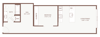 A floor plan of a home with a living room, dining room, bedroom, and bathroom.