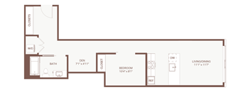 A floor plan of a small apartment with a bedroom, living room, and bathroom.