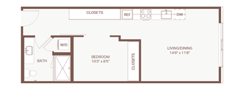 A floor plan of a small apartment with a living area, bedroom, and bathroom.