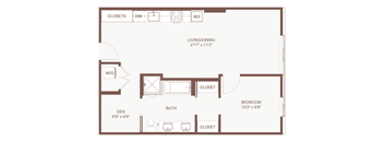 A floor plan of a living space with a bedroom, bathroom, and closets.