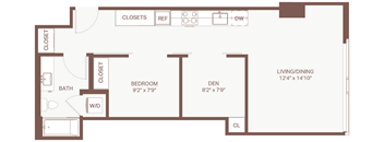 A floor plan of a small apartment with a living room, bedroom, and bathroom.