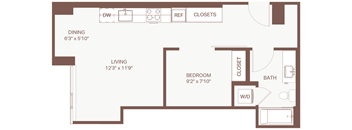 A floor plan of a small apartment with a living area, bedroom, and bathroom.