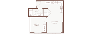 A floor plan of a small apartment with a bedroom, bathroom, and living/dining area.