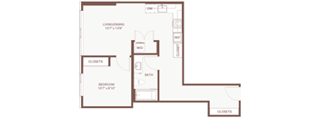 A floor plan of a small apartment with a living/dining area, bedroom, bathroom, and closets.