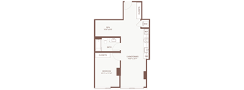 A floor plan of a room with a den, bedroom, bath, closets, and a living/dining area.