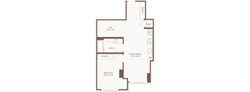 A floor plan of a small apartment with a living room, dining area, bedroom, bathroom, and closets.