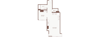 A floor plan of a small apartment with a bedroom, bathroom, closet, and living/dining area.