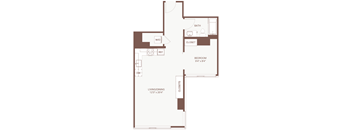 A floor plan of a small apartment with a living room, dining room, bedroom, bathroom, and closet.