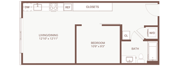 A floor plan of a small apartment with a living/dining area, bedroom, and bathroom.