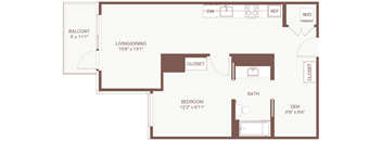 A floor plan of a small apartment with a living area, bedroom, bathroom, and closet.
