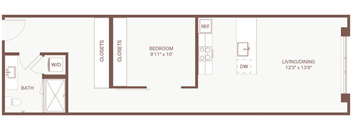 A floor plan of a small apartment with a bedroom, bathroom, living/dining area, and closets.