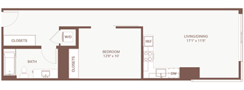 A floor plan of a bedroom with a bath and closets.