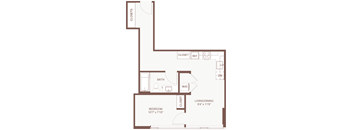 A floor plan of a small apartment with a living/dining area, a bedroom, a bathroom, and two closets.