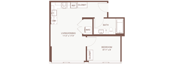 A floor plan of a small apartment with a living/dining area, bedroom, and bathroom.