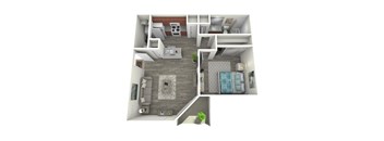 A 3D floor plan of a small apartment with a kitchen, living room, and bedroom.