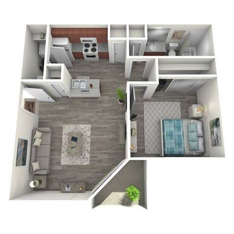 A 3D floor plan of a small apartment with a kitchen, living room, and bedroom.