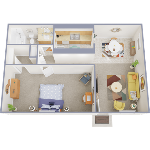 A top-down view of a room with a bed, a couch, a chair, a dining table, and a kitchen area.