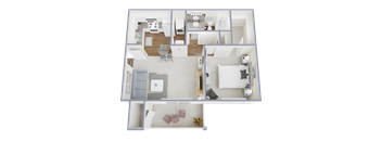 A 3D floor plan of a house showing a living room, kitchen, and two bedrooms.