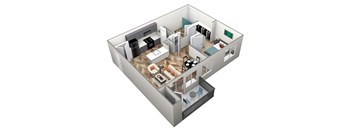 A 3D rendered image of a modern apartment layout.