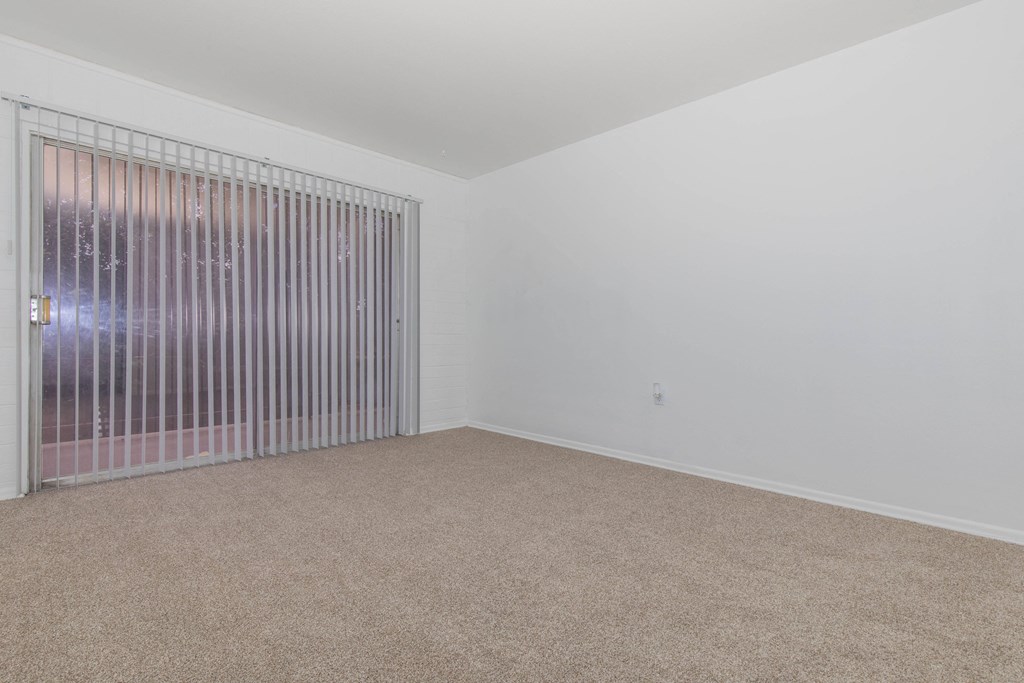 A room with a carpeted floor and a sliding door.