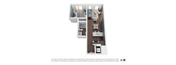 A floor plan of a small apartment with a kitchen, living room, and two bedrooms.