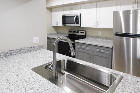 A kitchen with a stainless steel sink and refrigerator.
