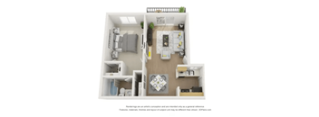 A 3D floor plan of a small apartment with a kitchen, living room, and bedroom.