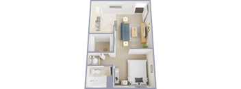 A top-down view of a small, neatly organized bedroom with a bed, dresser, and bathroom.