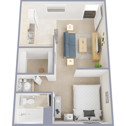 A top-down view of a small, neatly organized bedroom with a bed, dresser, and bathroom.