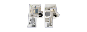 A floor plan of a two-story apartment with a living room, kitchen, and bedrooms.