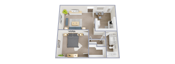 A floor plan of a small apartment with a kitchen, living room, and bathroom.