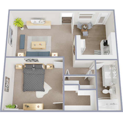 A floor plan of a small apartment with a kitchen, living room, and bathroom.