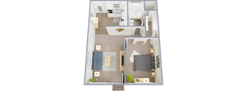 A floor plan of a small apartment with a kitchen, living room, and bedroom.