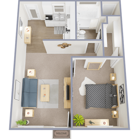A floor plan of a small apartment with a kitchen, living room, and bedroom.