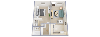 A 3D floor plan of a small apartment with a bedroom, living room, kitchen, and bathroom.