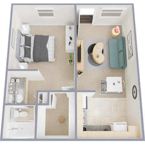 A 3D floor plan of a small apartment with a bedroom, living room, kitchen, and bathroom.