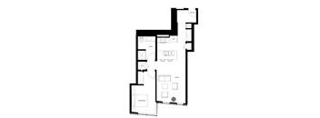 A black and white image of a floor plan for a 1 bedroom 1 bathroom apartment home at 888 Bellevue.