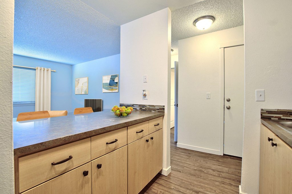 a kitchen with a counter top and a door to a hallway