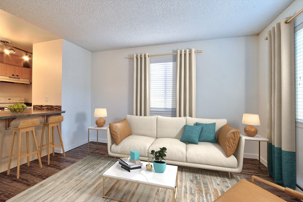 a living room with a couch and a table