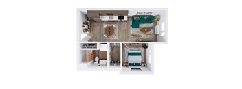 A top-down view of a living room with a couch, a coffee table, and a rug.