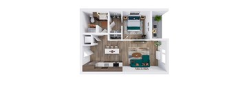 A 3D floor plan of a modern apartment with a kitchen, living room, and bathroom.