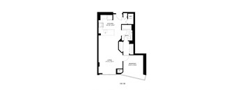 A floor plan of a one bedroom apartment with a living room, kitchen and bathroom.